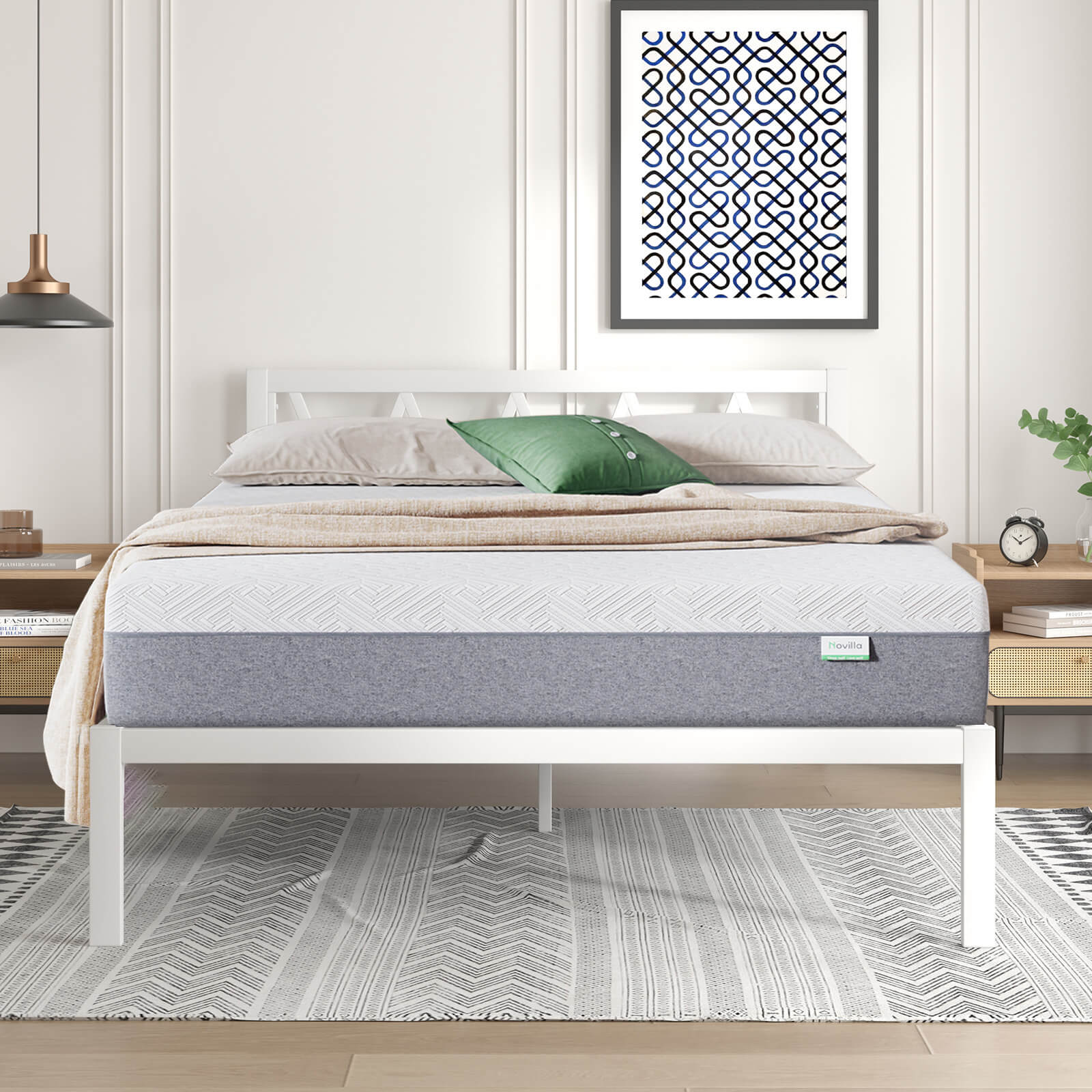 Novilla Bliss Comfort mattress with white quilted top on white bed frame in modern bedroom.