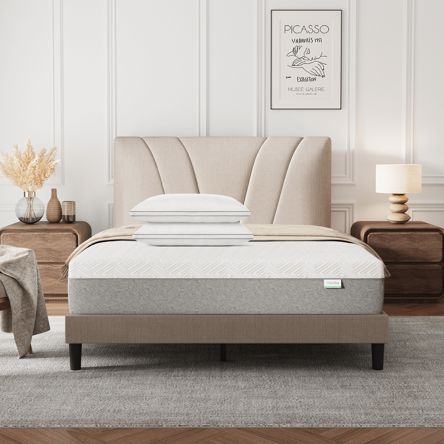 Bliss Adjustable Sleep Bundle with white textured mattress, two pillows, and beige curved headboard on taupe bed frame.