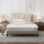 Bliss Adjustable Sleep Bundle with white textured mattress, two pillows, and beige curved headboard on taupe bed frame.