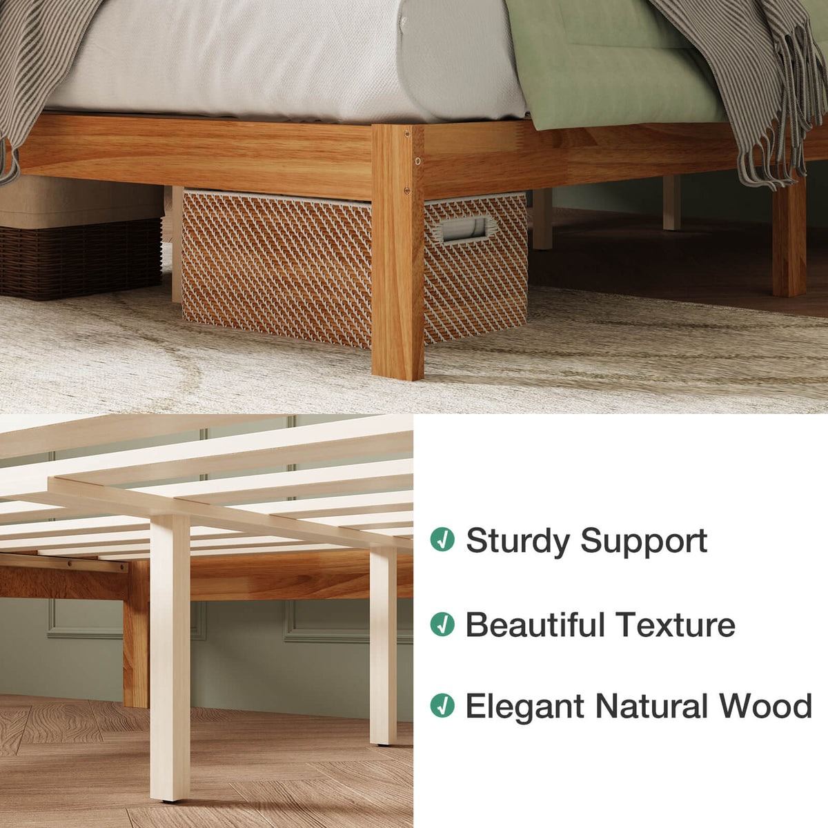 Natural wood bed frame featuring slat support, under-bed storage baskets, and emphasis on sturdy support and texture.