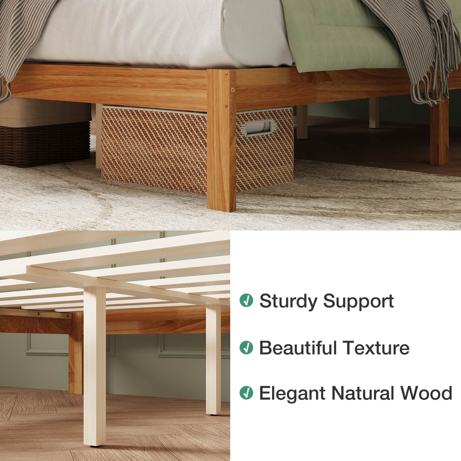 Natural wood bed frame featuring slat support, under-bed storage baskets, and emphasis on sturdy support and texture.