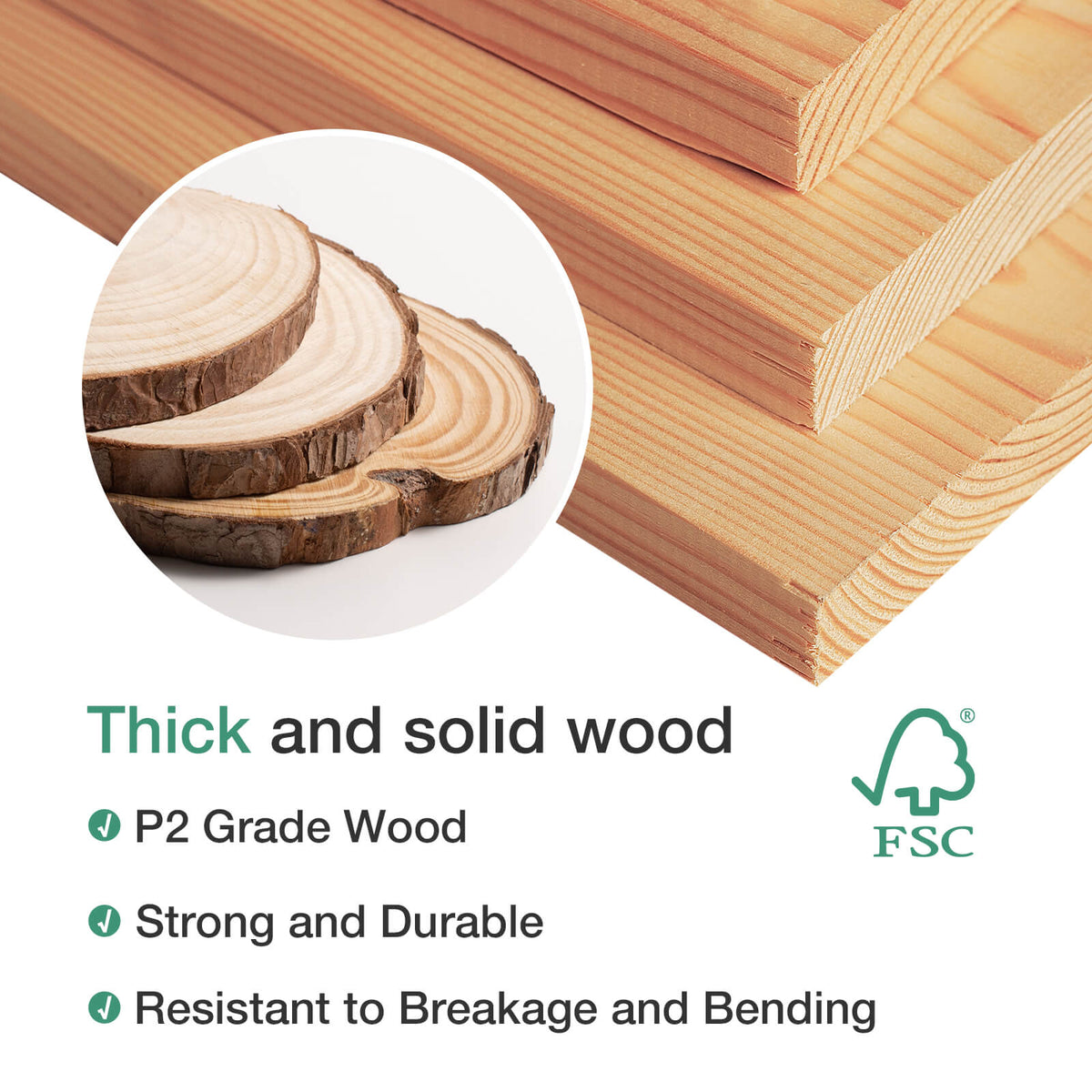 Natural wood grain close-up and FSC logo. P2 Grade Wood, strength, and durability of classic wooden bed frame.