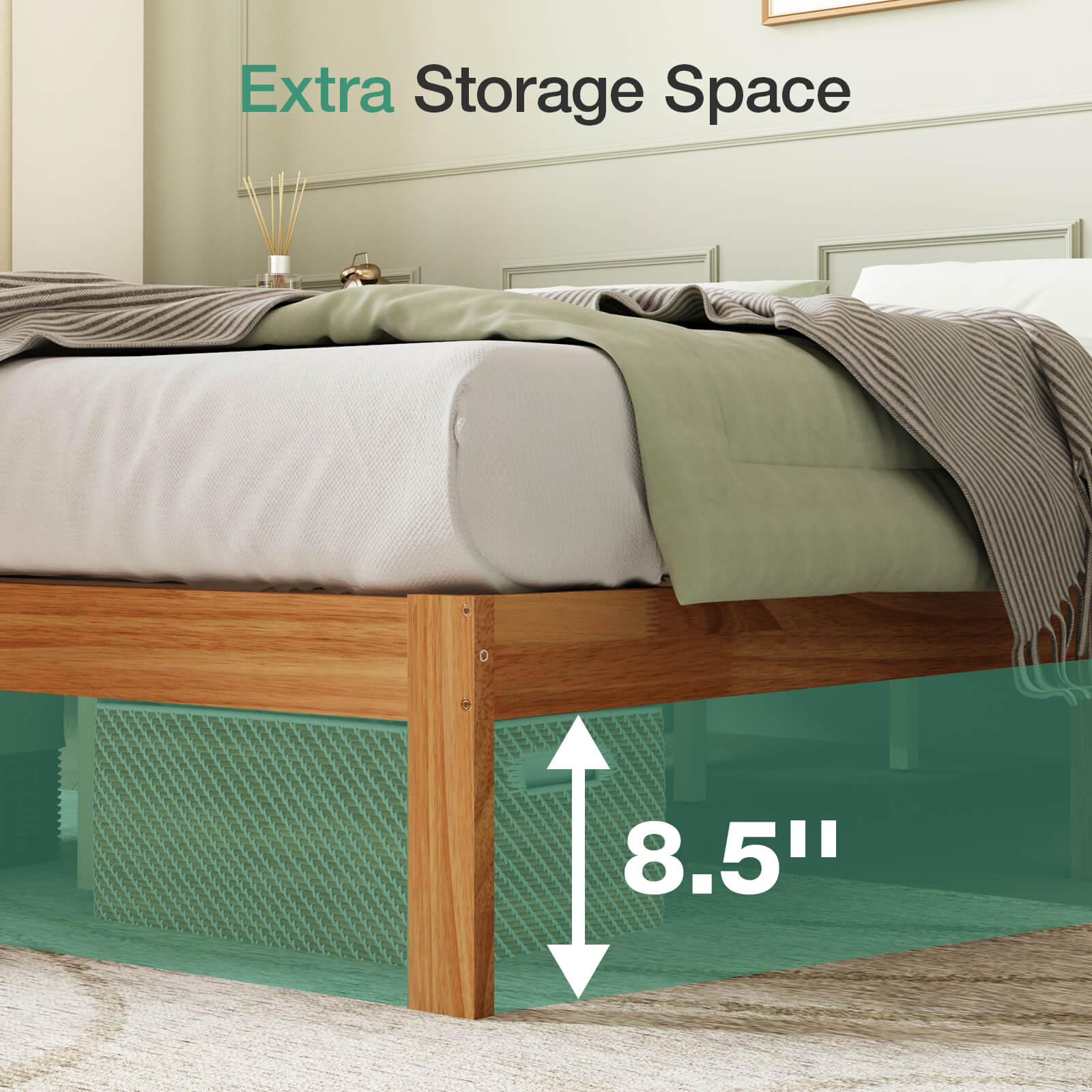 Classic wooden bed frame with 8.5 inches of under-bed clearance and storage basket, highlighting extra storage space.