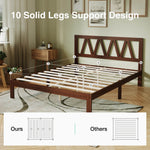 Dark brown wooden bed frame with geometric headboard and 10 solid legs support design, highlighting structural advantages.