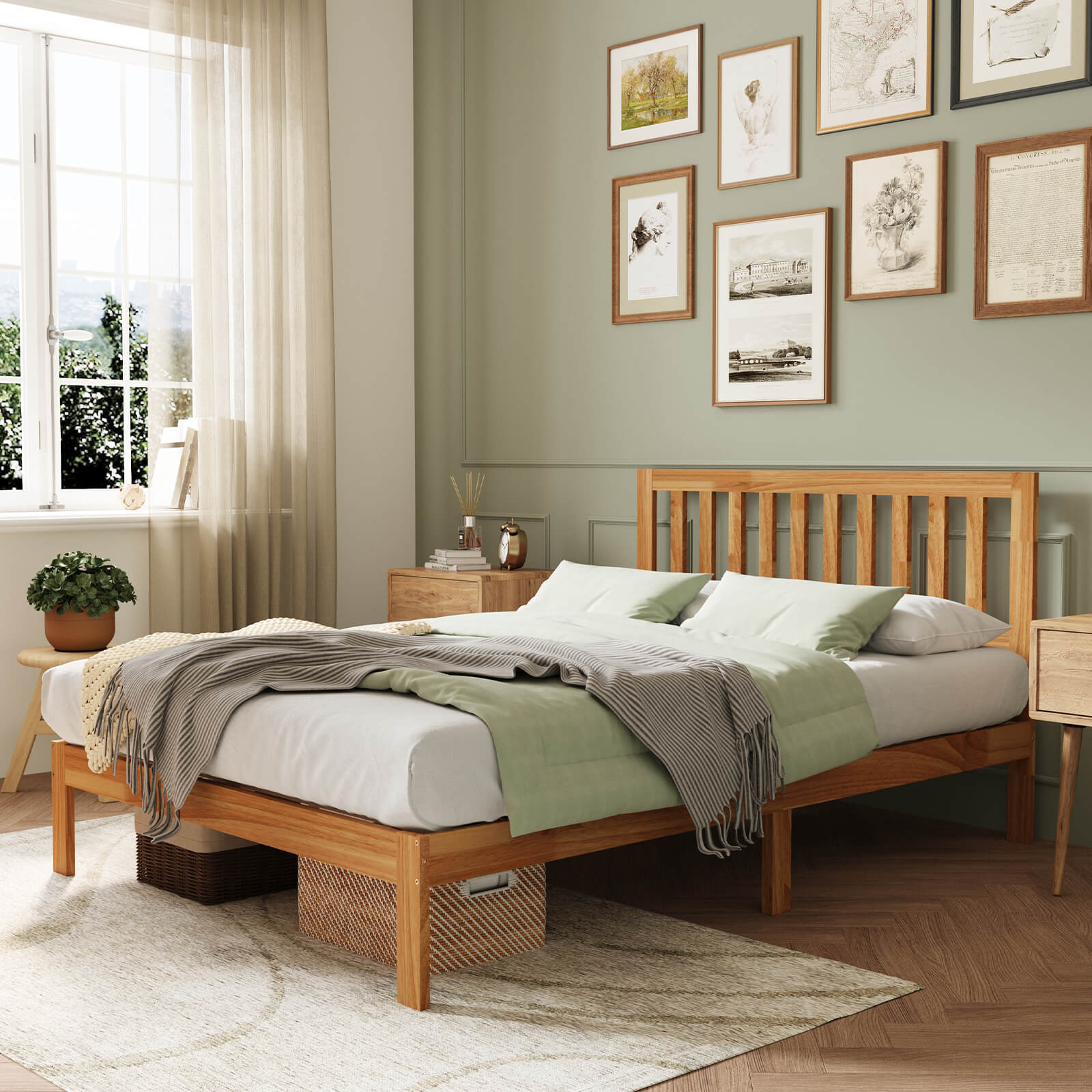 Solid wood bed frame with slatted headboard, natural finish, in a bedroom with green walls and white bedding.