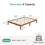 Queen wooden bed frame dimensions: 80.8" L x 60" W x 12.1" H. 8.5" under-bed clearance, 400 lbs weight capacity diagram.