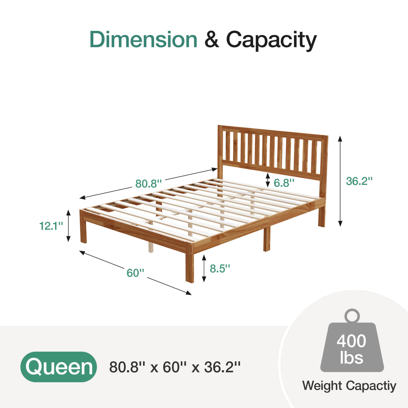 Solid wood bed frame with slatted headboard, Queen size 80.8" x 60" x 36.2", 400 lbs capacity. Product dimensions diagram.
