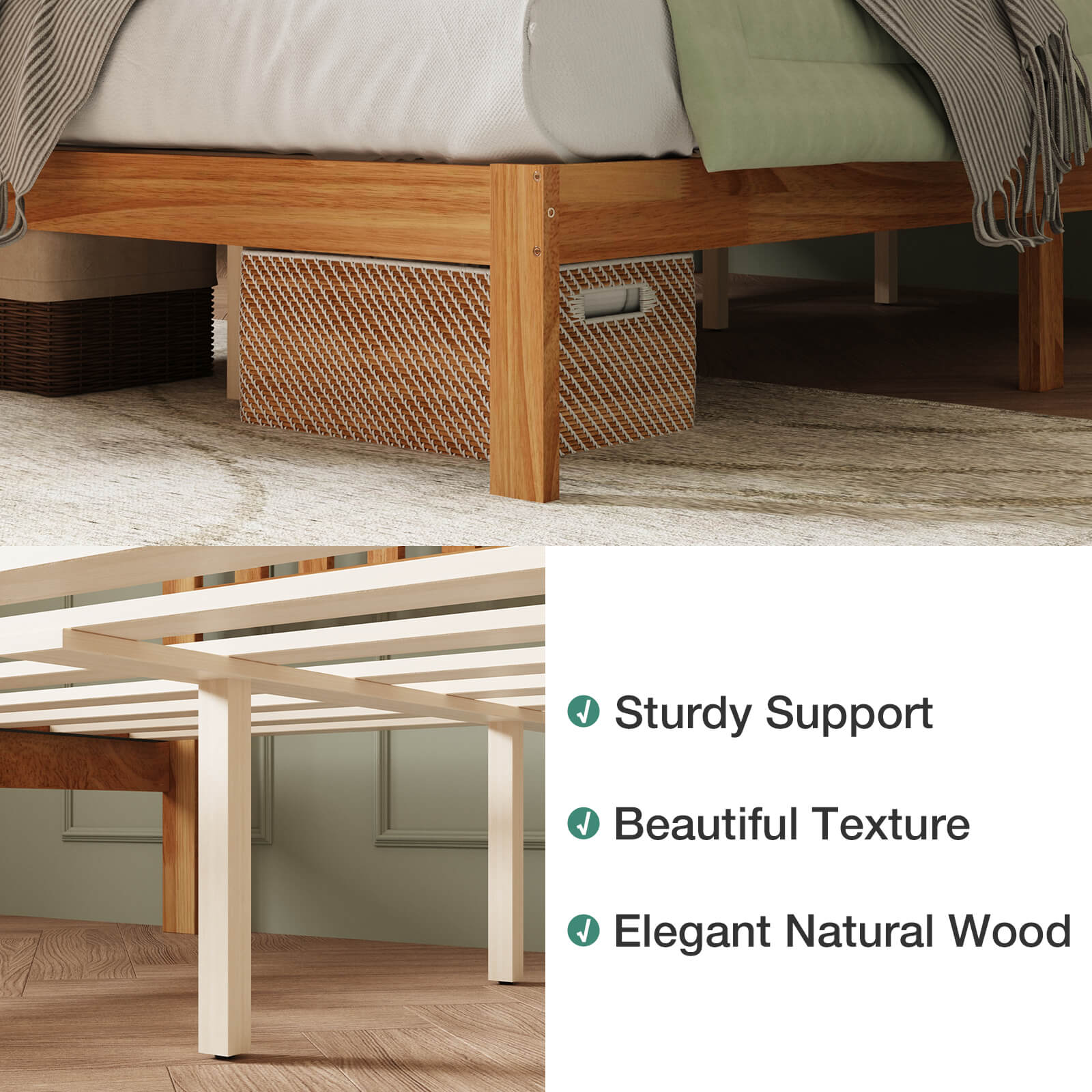Solid wood bed frame construction details: underside storage space and slatted support system.