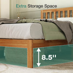 Natural wood bed frame with slatted headboard, 8.5" under-bed clearance highlighting extra storage space.