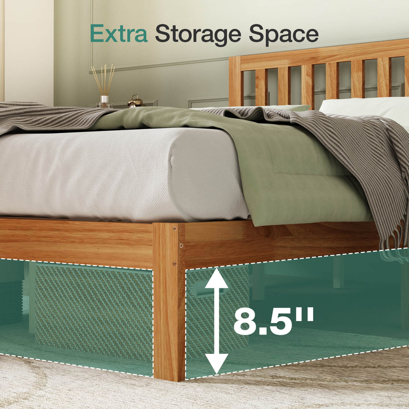 Bliss Classic Bundle natural wood bed frame with 8.5 inch under-bed clearance for storage.