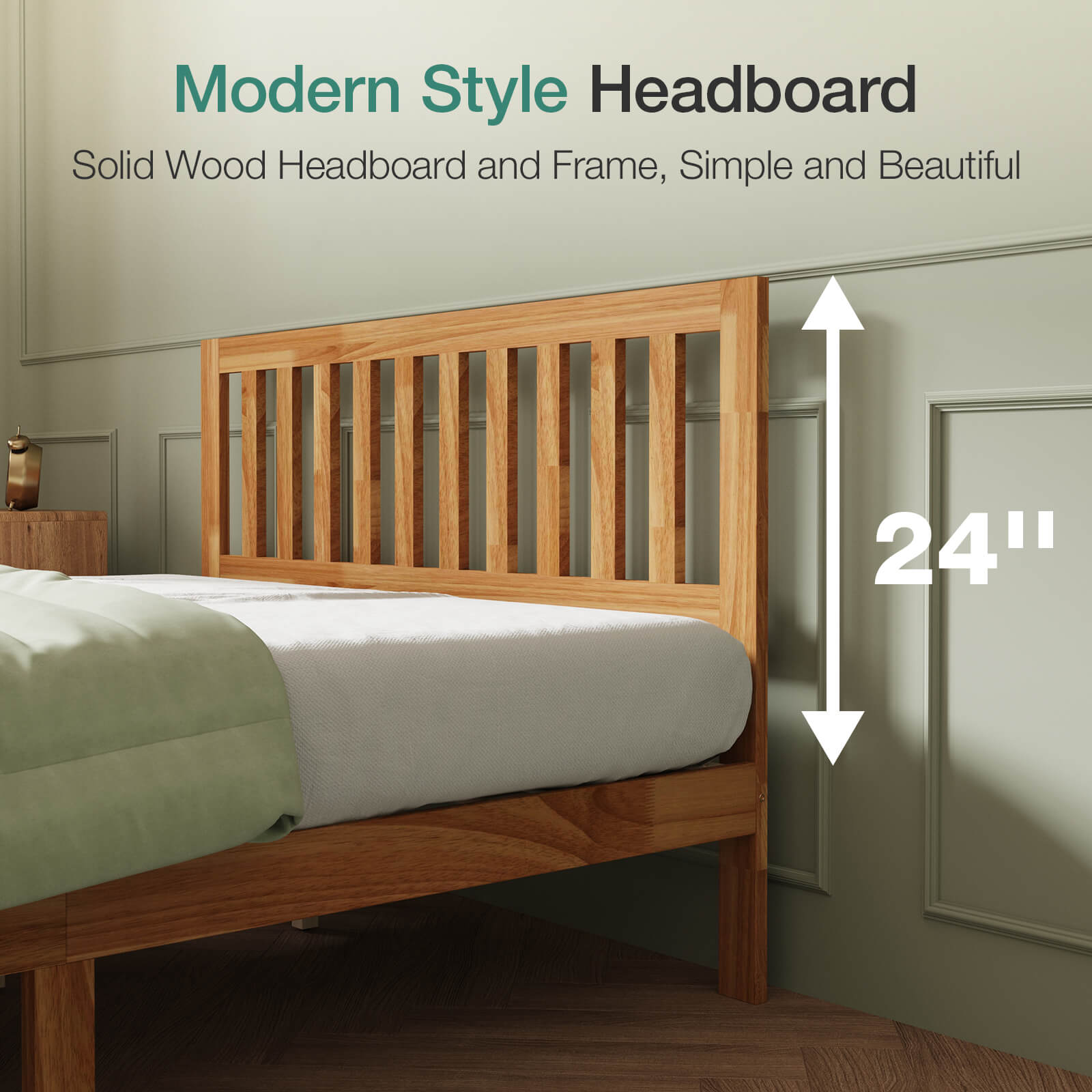 Solid wood bed frame with modern slatted headboard, 24" height, natural finish. Shown with white bedding in a bedroom.