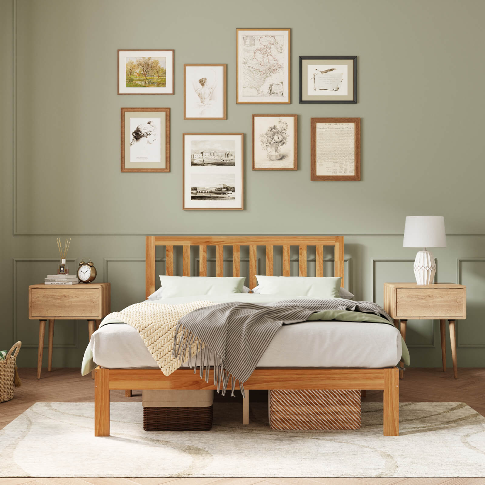 Solid wood bed frame with slatted headboard and natural finish, shown with white bedding and nightstands in a bedroom.