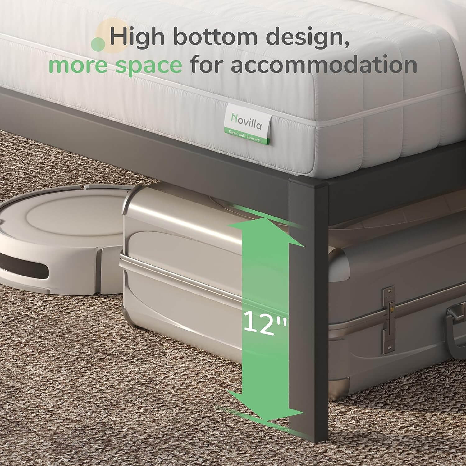 Pure Bed Frame showcases 12" under-bed clearance with luggage and robot vacuum, highlighting ample storage space.