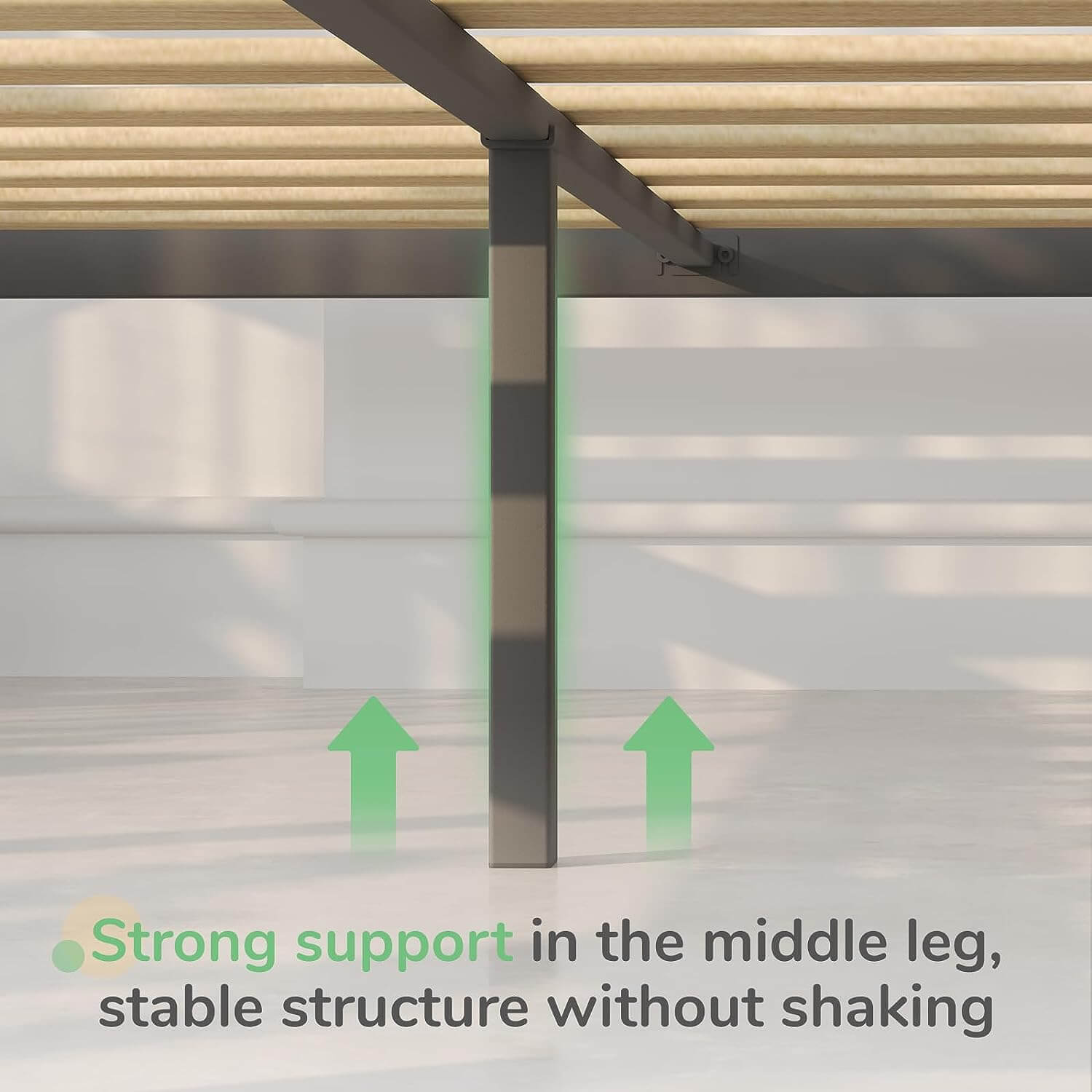 Pure Bed Frame center leg support, stable structure highlighted with green arrows.