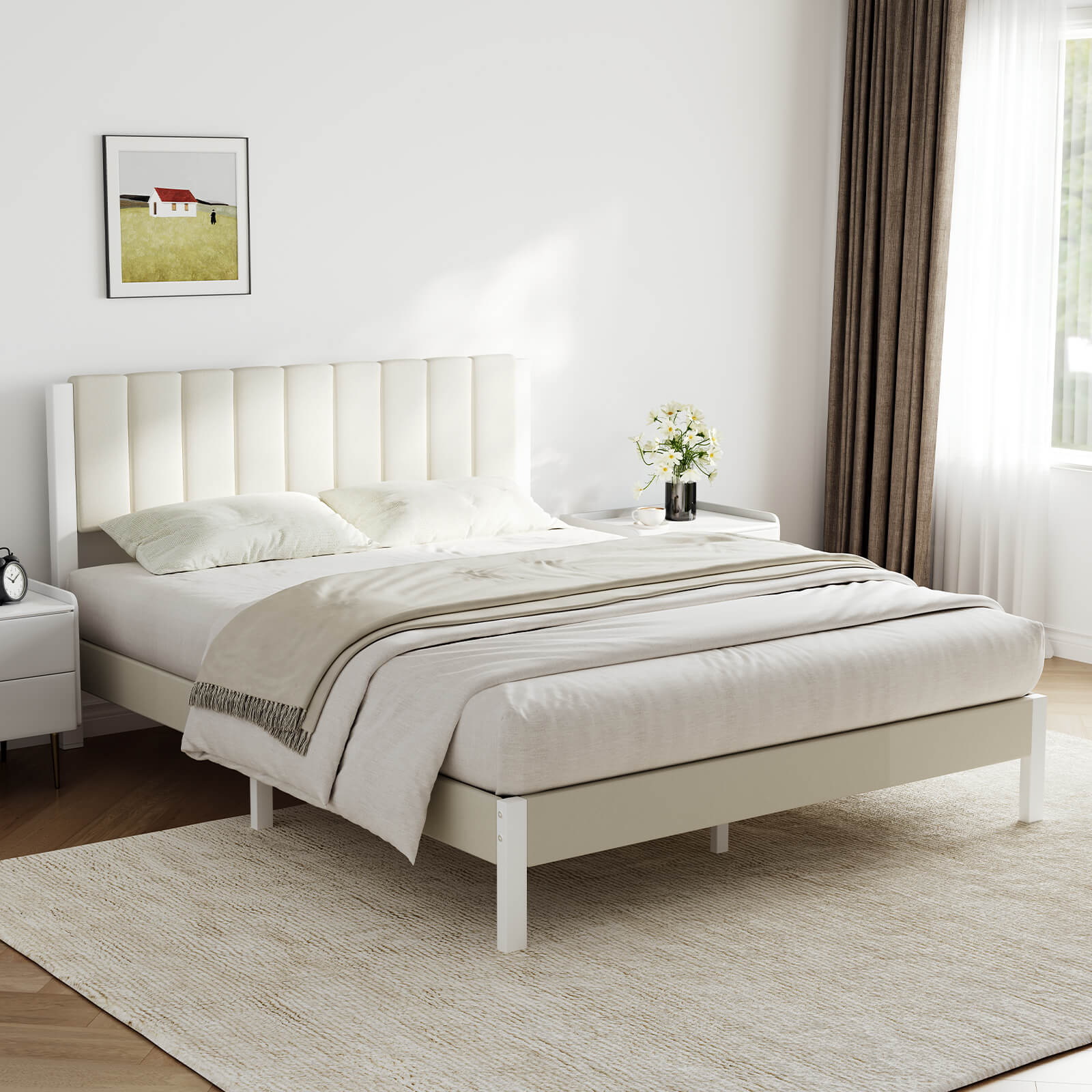 Beige velvet platform bed frame with channel-tufted headboard and low-profile base in a bedroom.