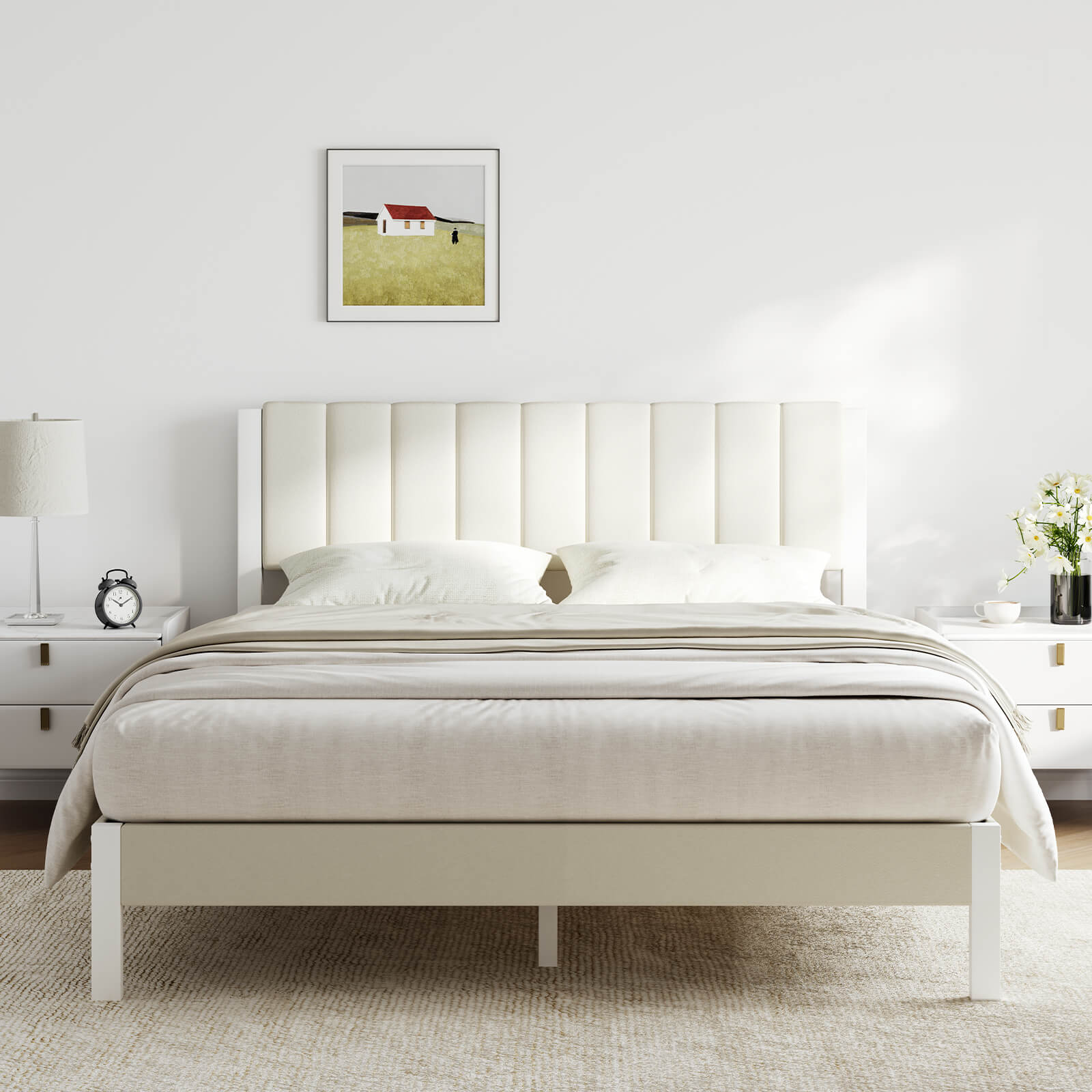 White velvet platform bed with channel-tufted headboard and low profile base in a modern bedroom.