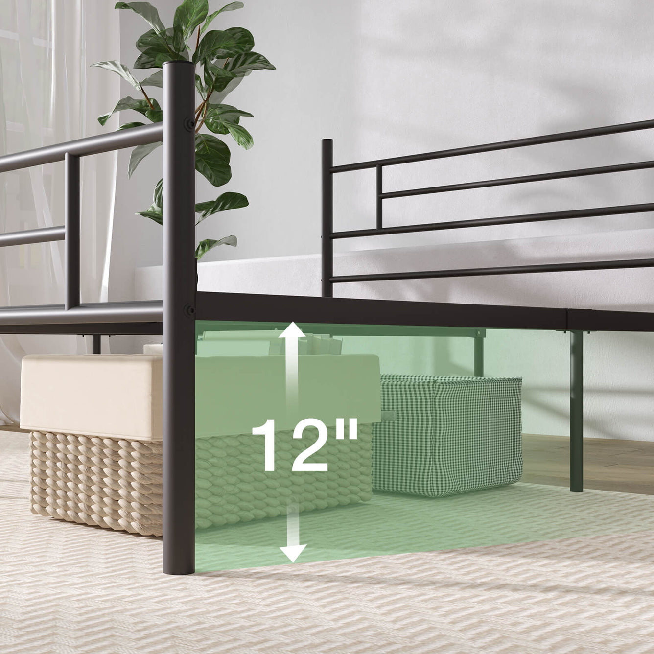 Black metal bed frame showcasing 12 inches of under-bed storage space with baskets, ideal for storage solutions.