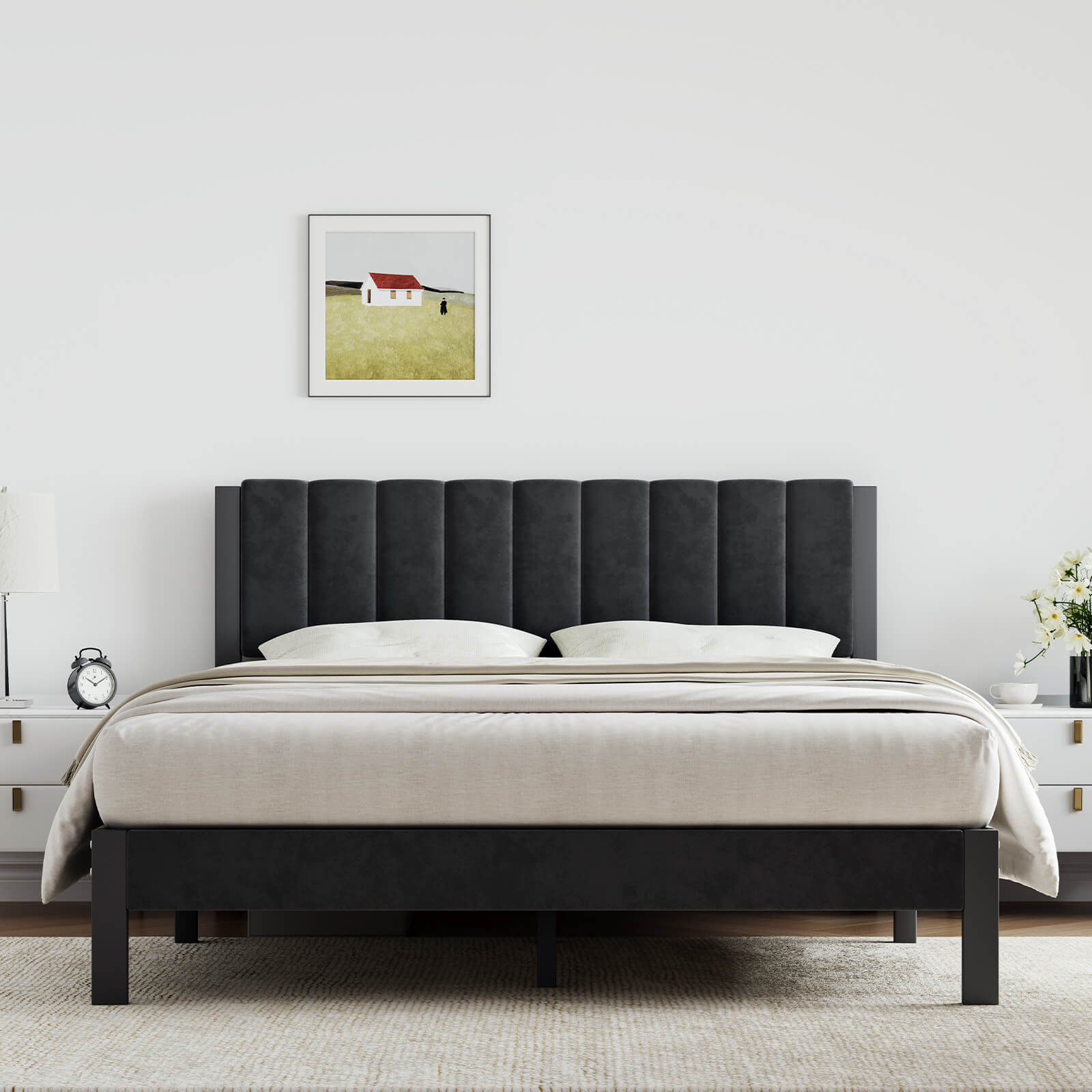 Dark grey velvet platform bed frame with channel-tufted headboard and white bedding, product image.