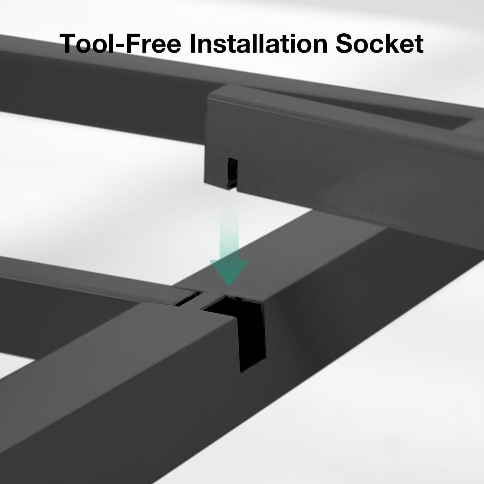 Dark grey metal bed frame assembly highlighting tool-free installation socket with green arrow showing connection.