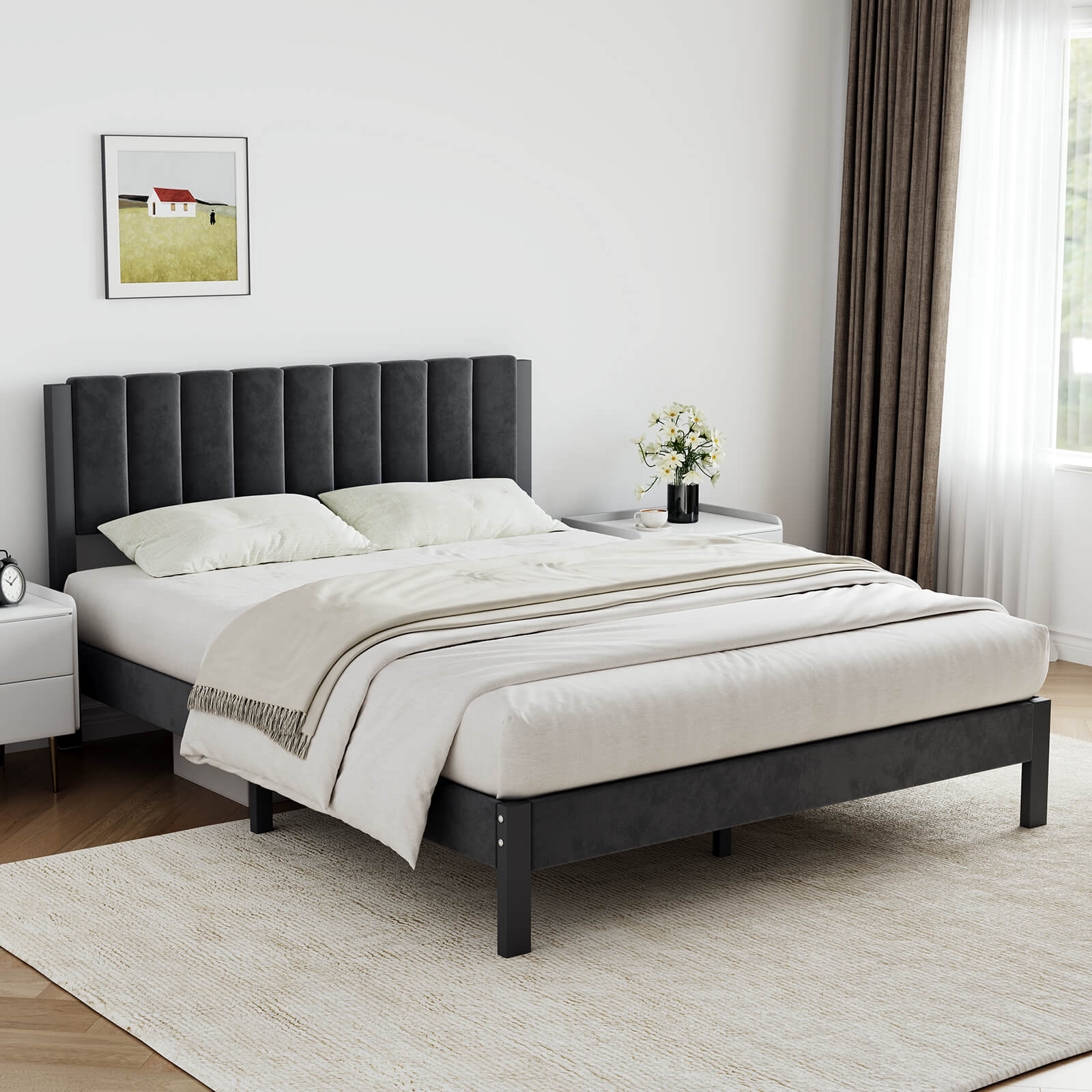 Dark grey velvet platform bed frame with channel-tufted headboard and white bedding in a modern bedroom.