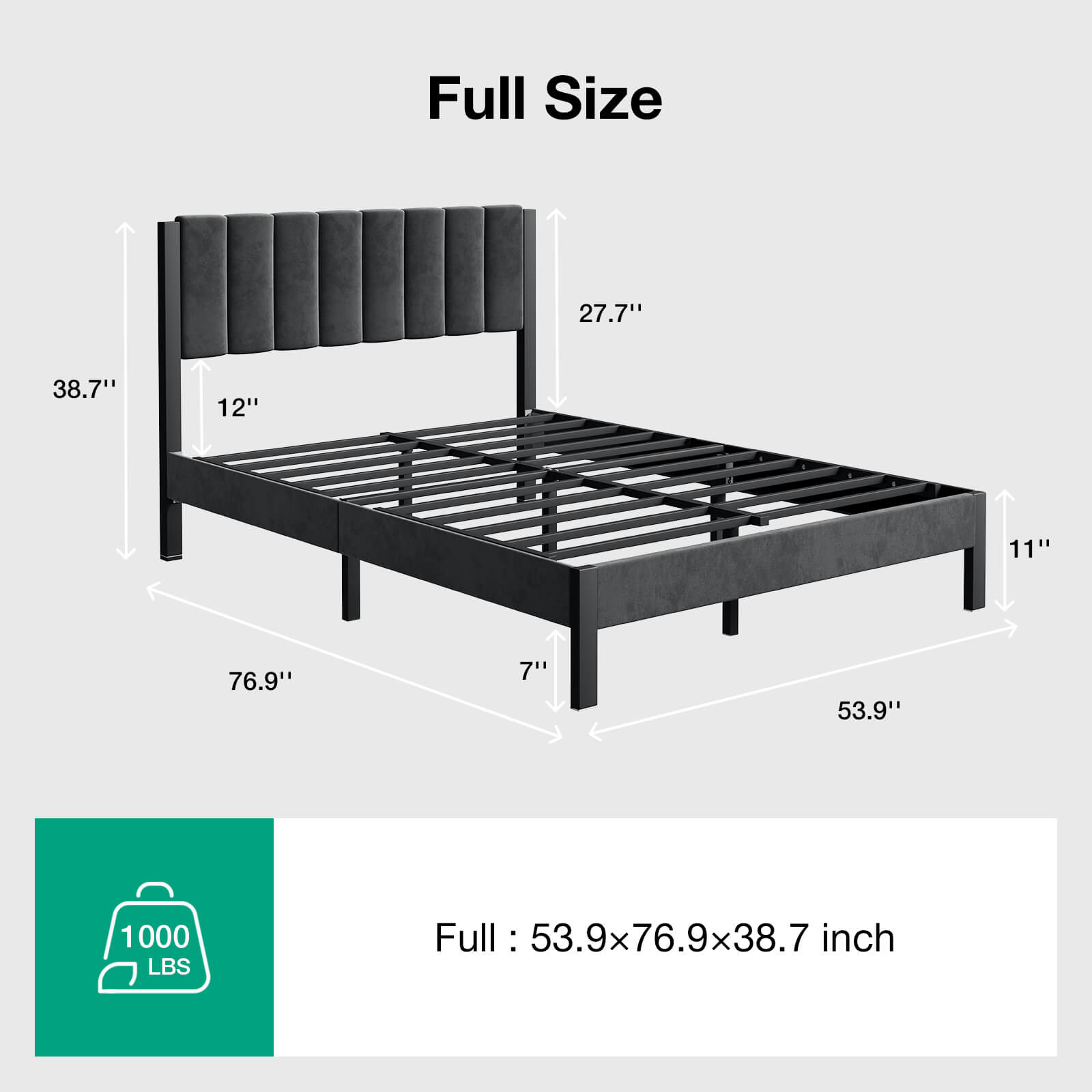 Full size dark grey velvet platform bed frame, vertical channels, 53.9x76.9x38.7 in, 1000 lb capacity.