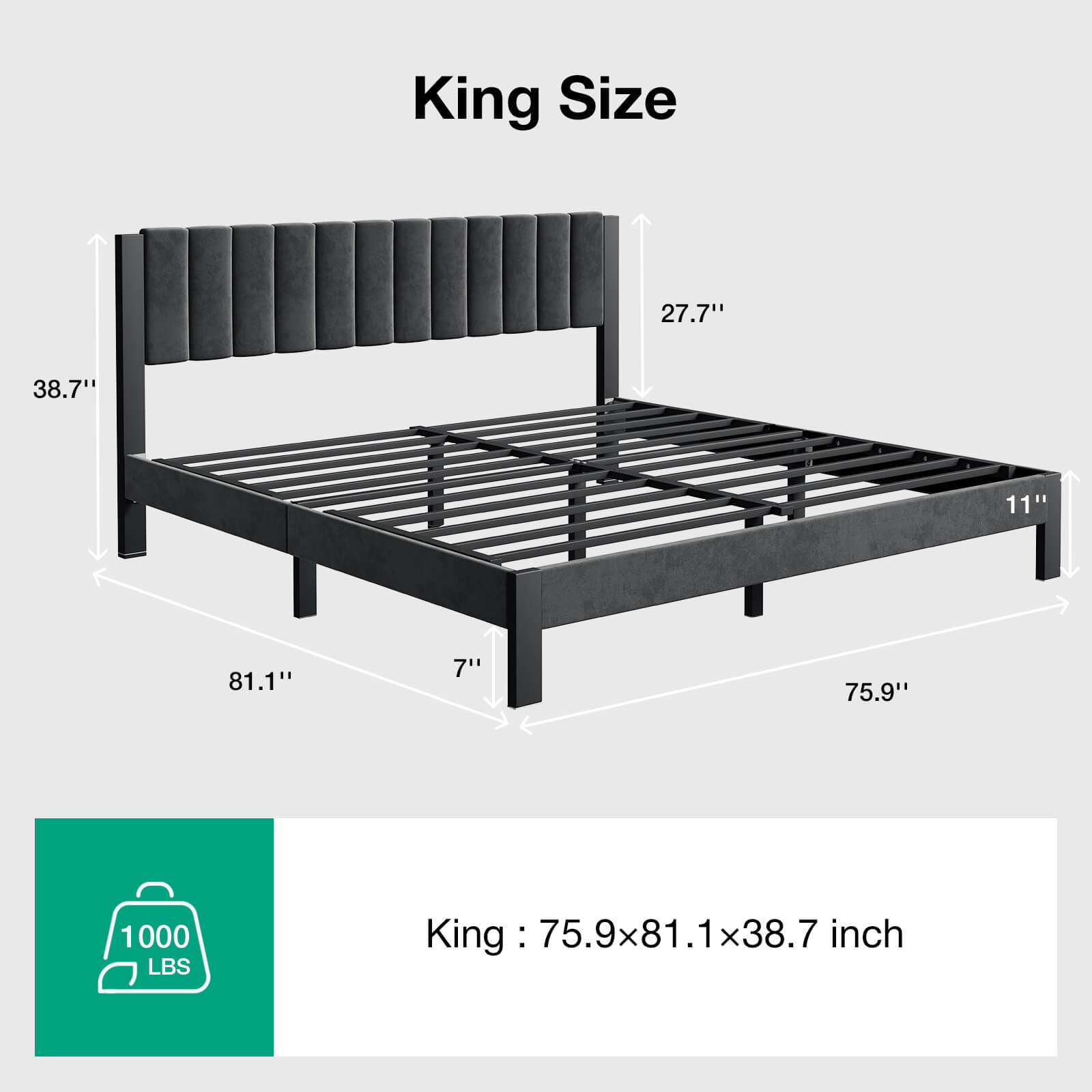 King size dark grey velvet bed frame dimensions: 81.1