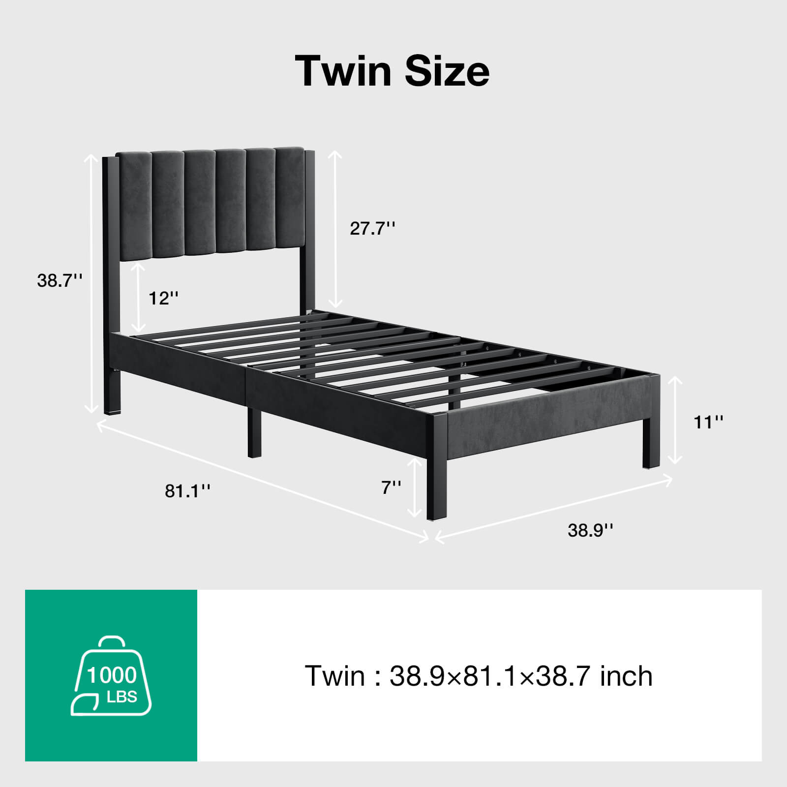 Twin dark grey velvet platform bed, channel headboard. Dim: 38.9x81.1x38.7