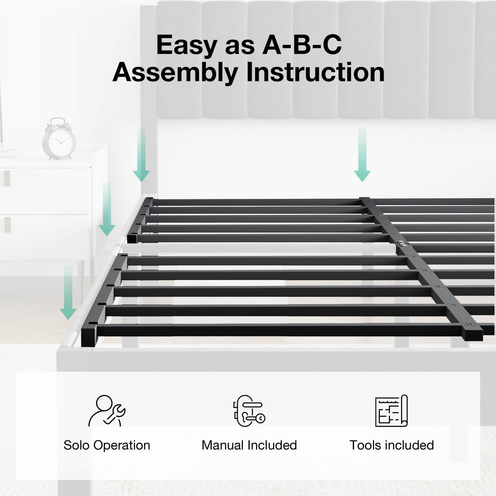 Velvet bed frame assembly diagram showing slat support, solo operation, manual, and tools included.
