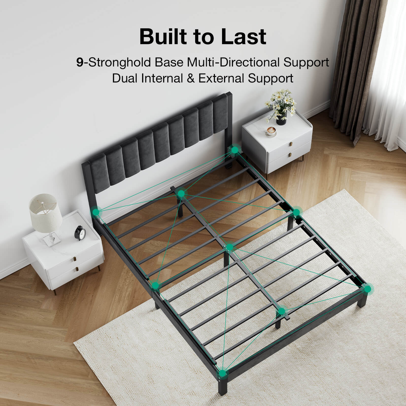 Dark grey velvet bed frame with channel headboard showcasing the 9-Stronghold Base multi-directional support system.