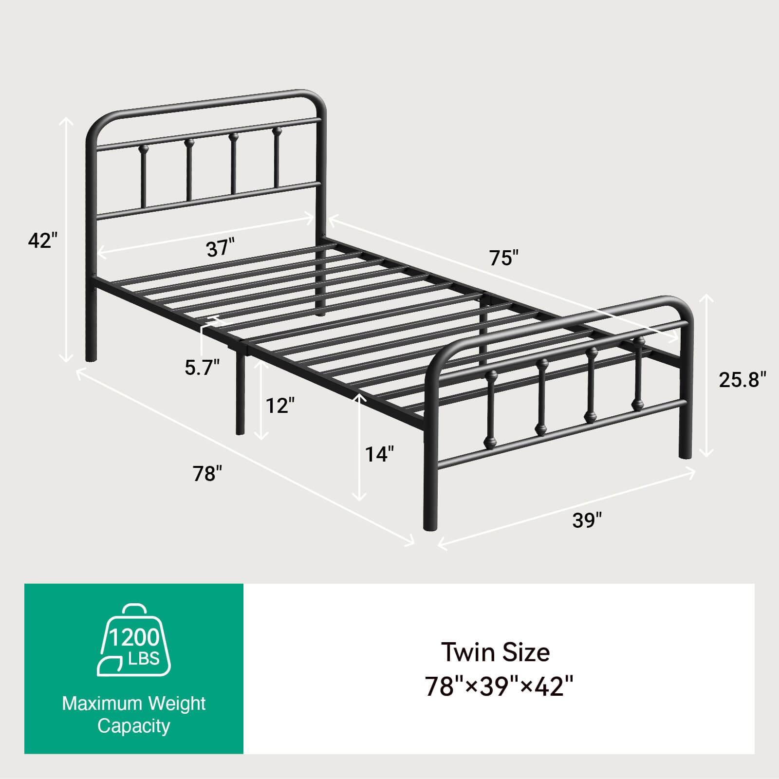 Black Vibe metal twin bed frame with dimensions shown and 1200 lb capacity.