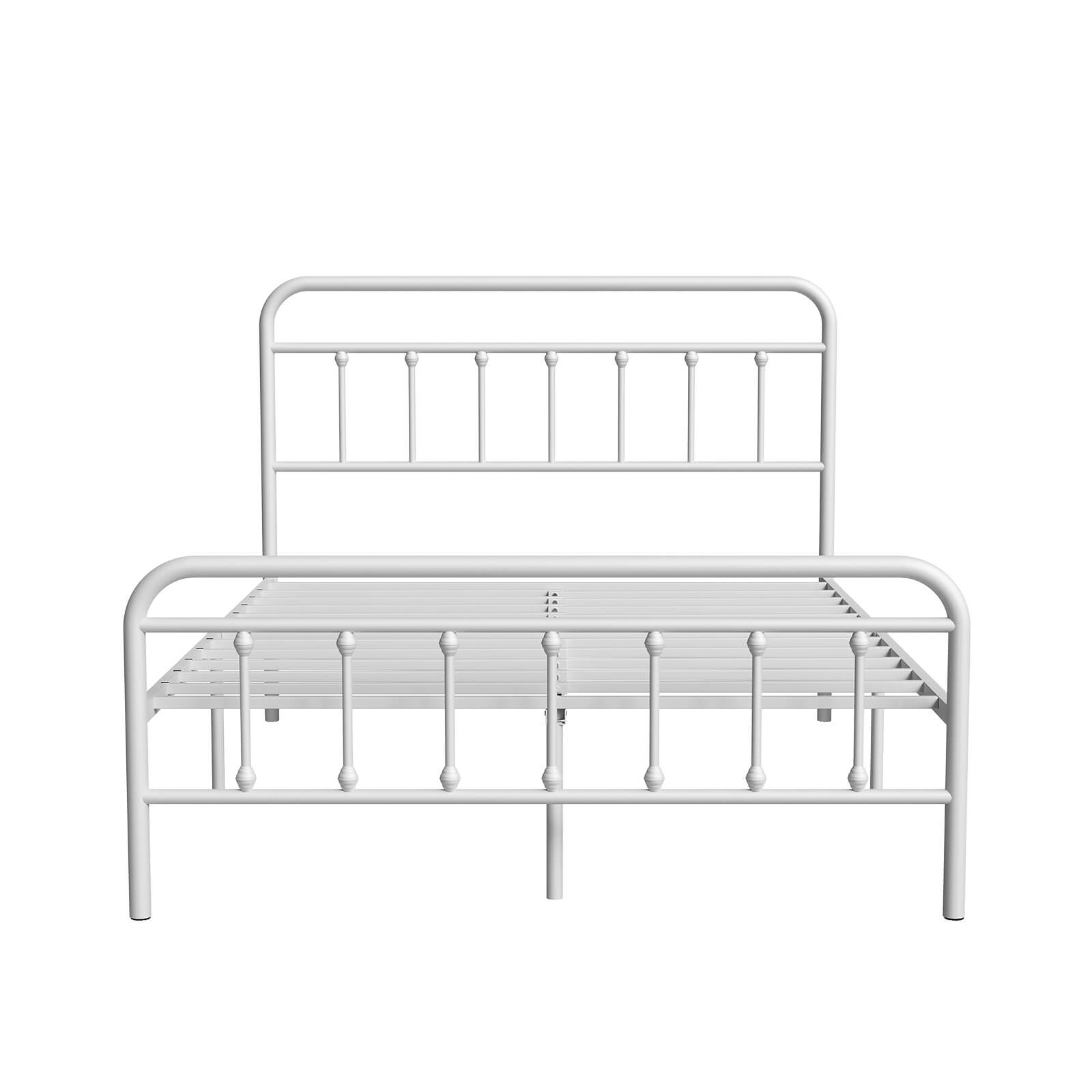 White Vibe metal bed frame with rounded headboard/footboard, vertical spindles, and slatted mattress support.