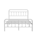 White Vibe metal bed frame with rounded headboard/footboard, vertical spindles, and slatted mattress support.